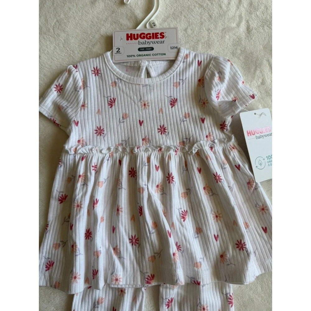 Huggies Babywear 2-Piece Girls 12M Organic Cotton Ribbed Floral Top Pants